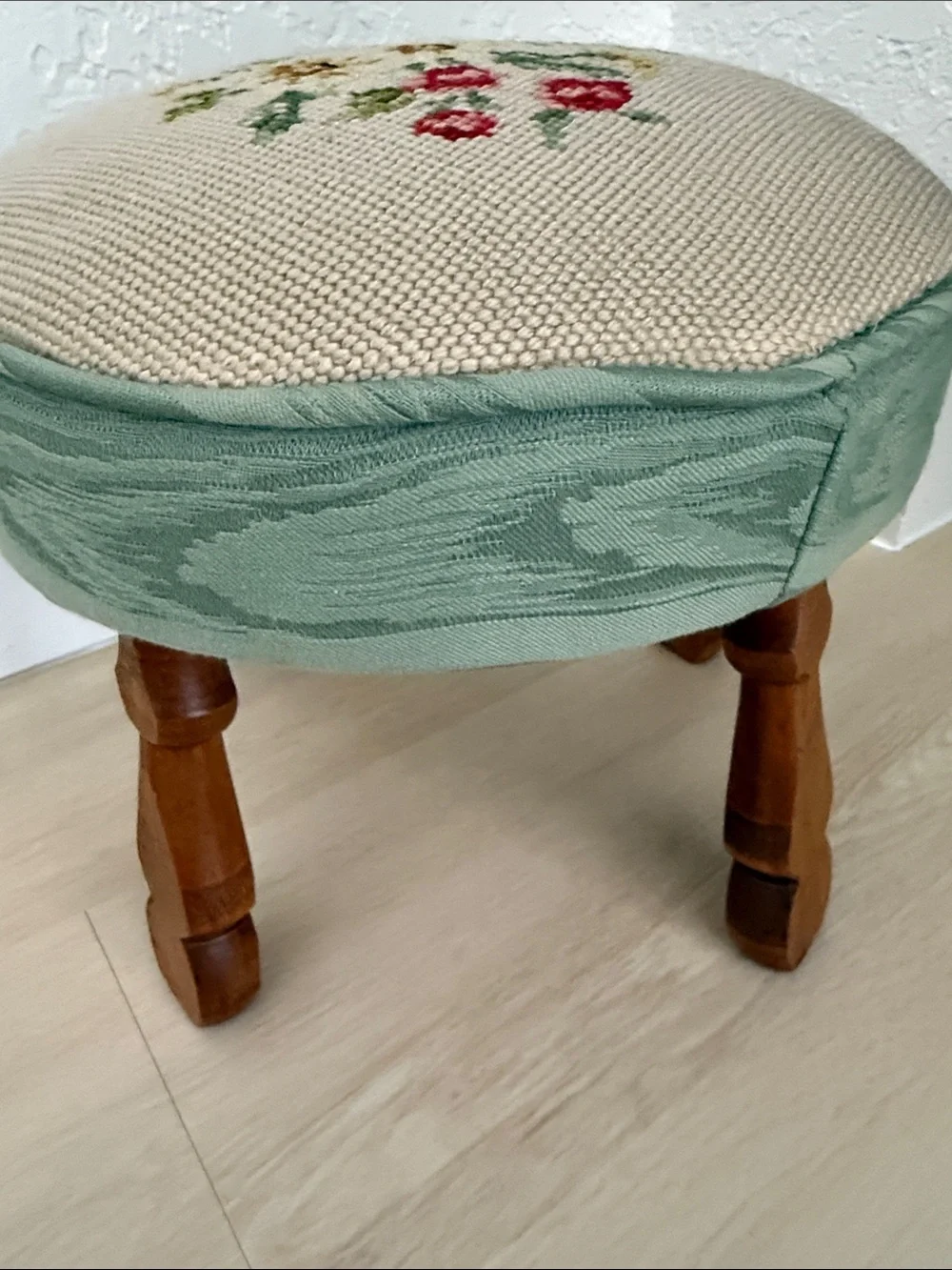 Vintage Needlepoint Floral Round Footstool in Cream and Sage